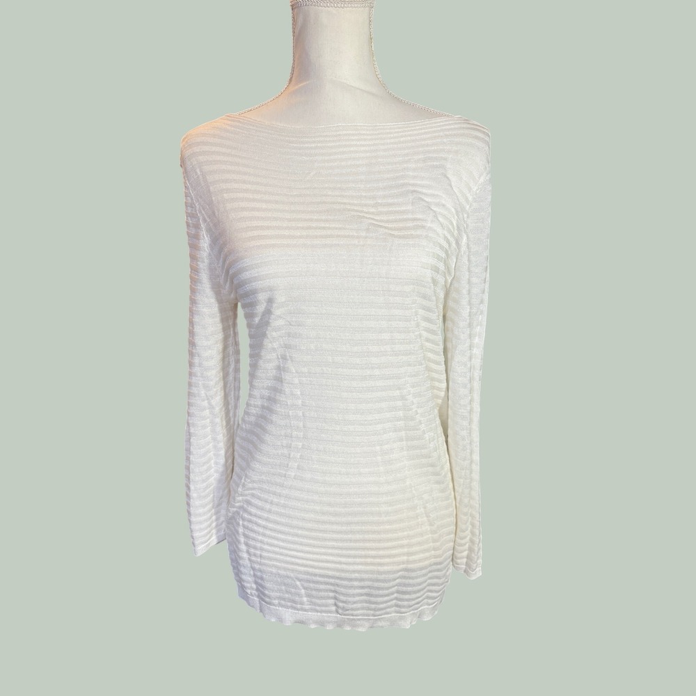 LOFT Womens Medium White Textured Ribbed Boat Neck Long Sleeve Knit Sweater